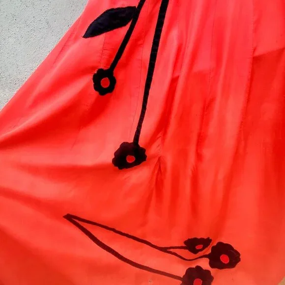 Vintage 30s Style Red Orange Acetate Maxi Size S Black Appliqué Gown Prom Dress - Picture 11 of 14